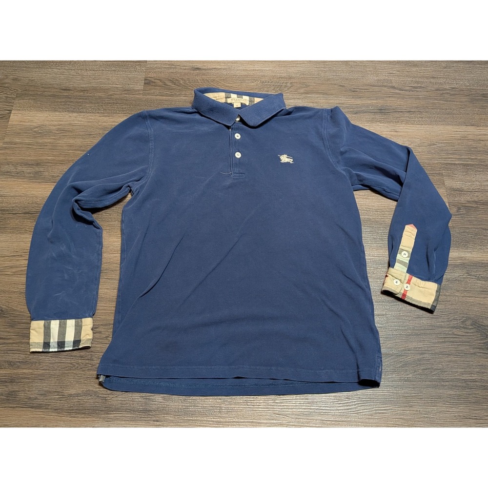 Burberry Brit Mens XL Blue Long Sleeve Polo Shirt Nova Check Trim Cotton Logo